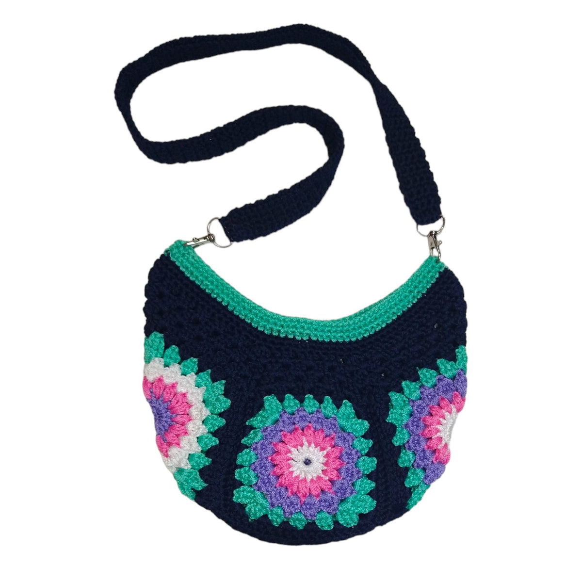 Crochet Crossbody Bag (Deep Sea with Spearmint Burst Granny Squares Motif)