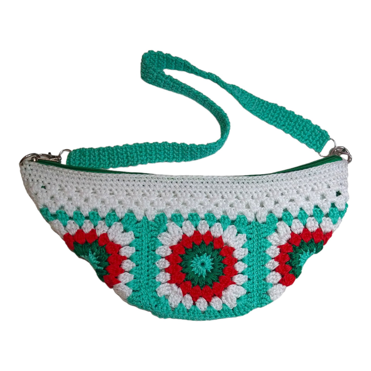 Crochet Crossbody Bag (Ice Mint with Scarlet Flame Granny Squares Motif)