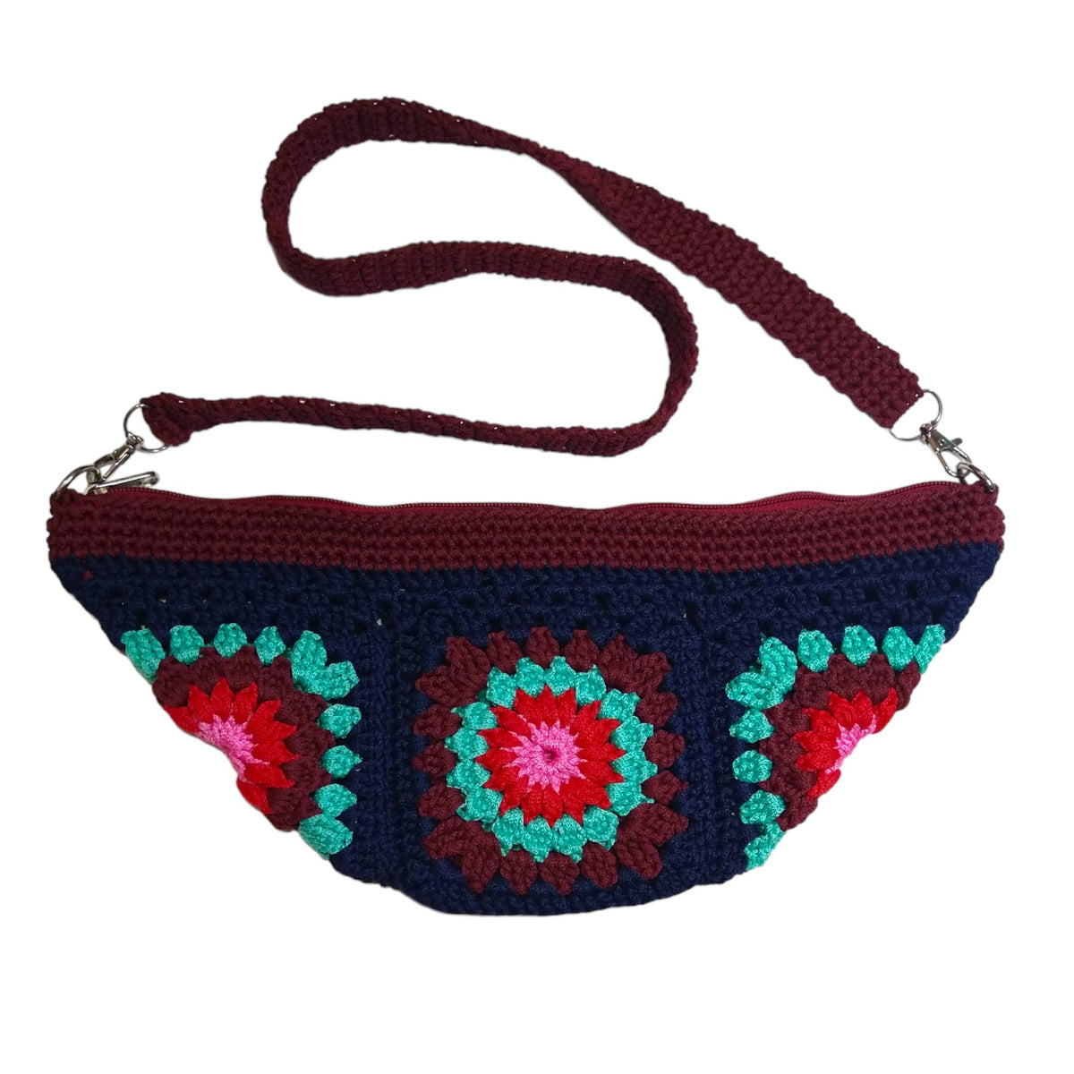 Crochet Crossbody Bag (Navy Blue with Ice Fire Sunflower Granny Squares Motif)