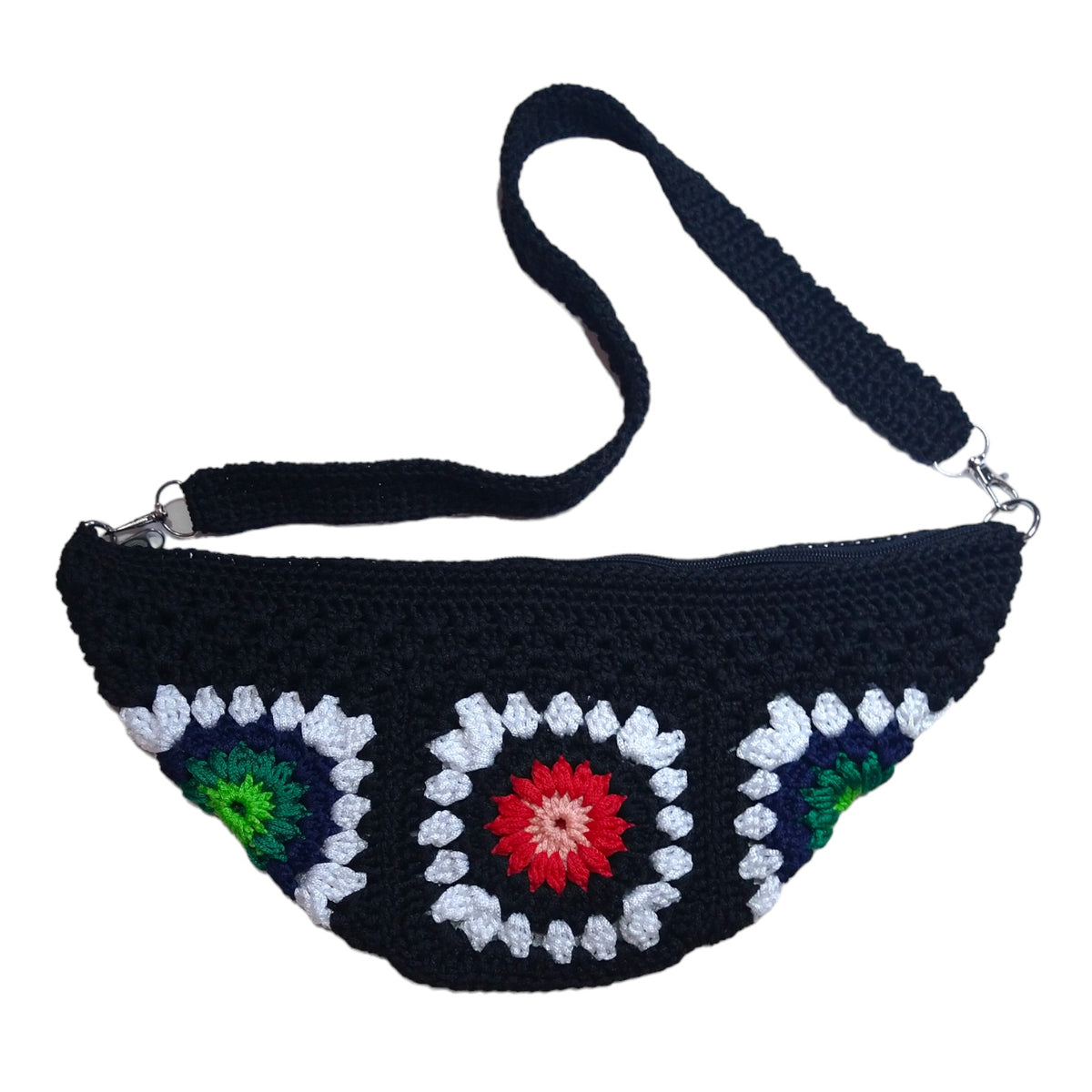 Crochet Crossbody Bag (Navy Blue with Scarlet and Fern Sunflower Granny Squares Motif)